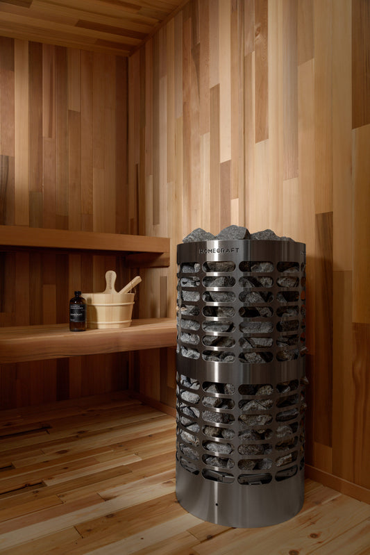 Apex heater in a cedar sauna corner