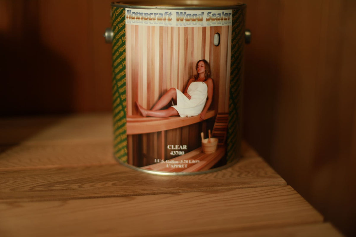 Homecraft sauna sealant quart and gallon tins
