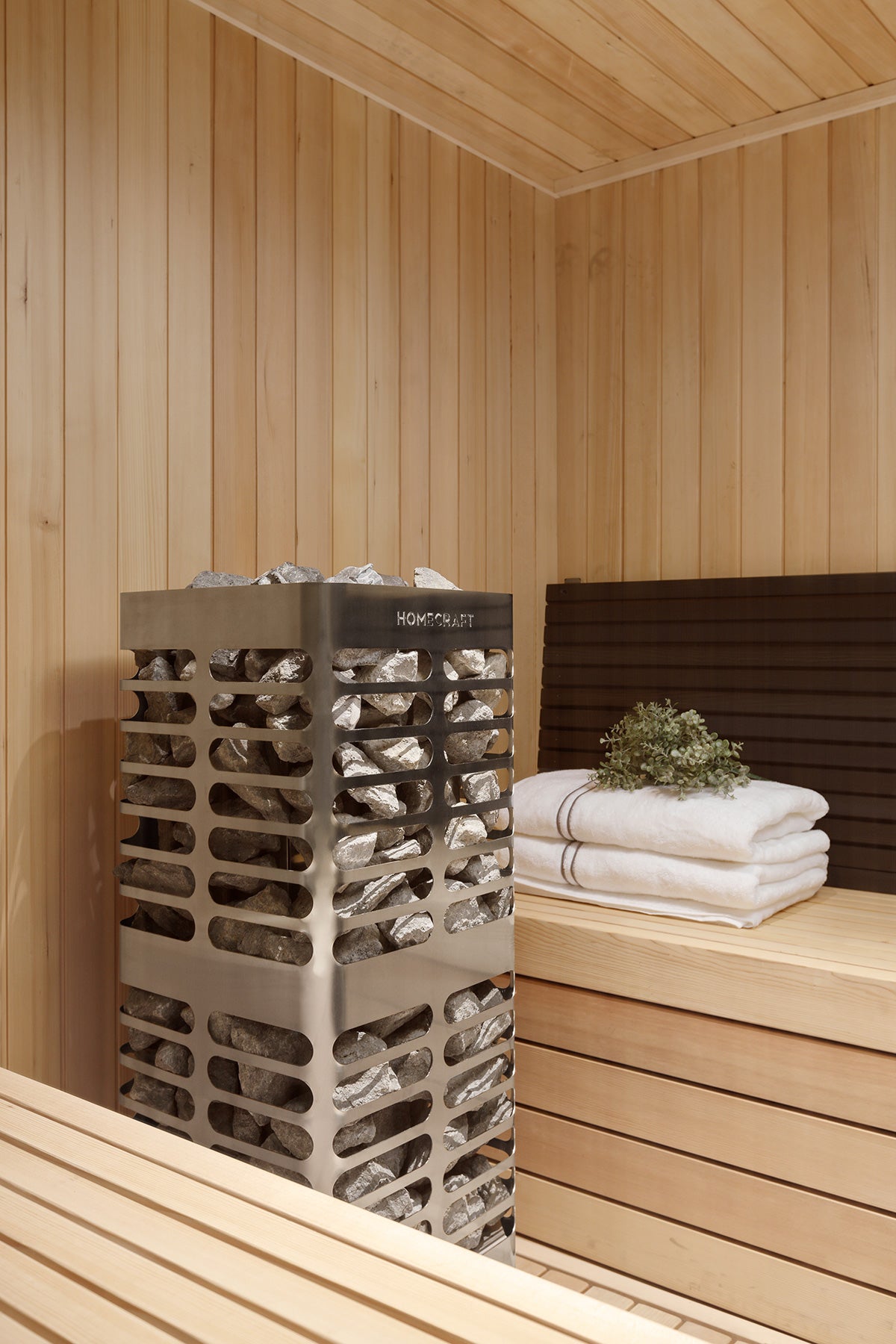 Revive heater in a cedar sauna corner