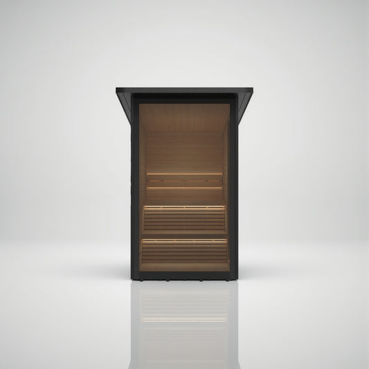 Hekla Mini Cabin outdoor sauna in black WPC with full glass front, front view