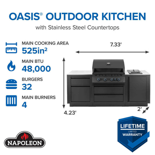 Napoleon OASIS Outdoor Kitchen with Built-In 700 Series 32-inch Grill — Stainless Steel Countertops