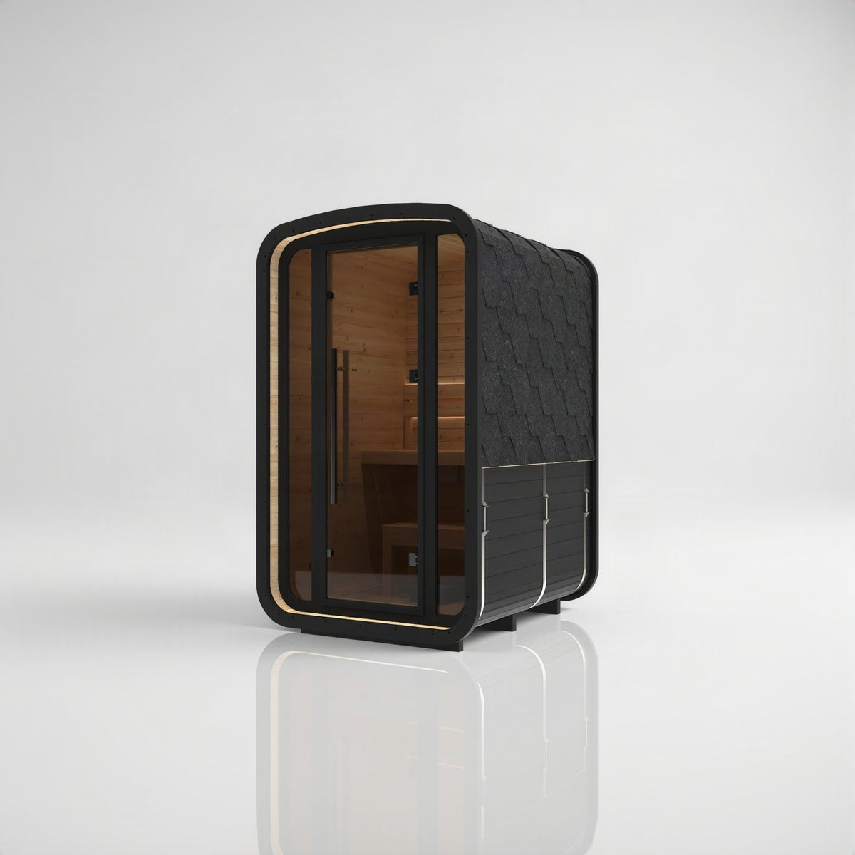 Hekla Mini Cube Nero outdoor sauna, front-right three-quarter view in black-stained thermo spruce with black shingle roof