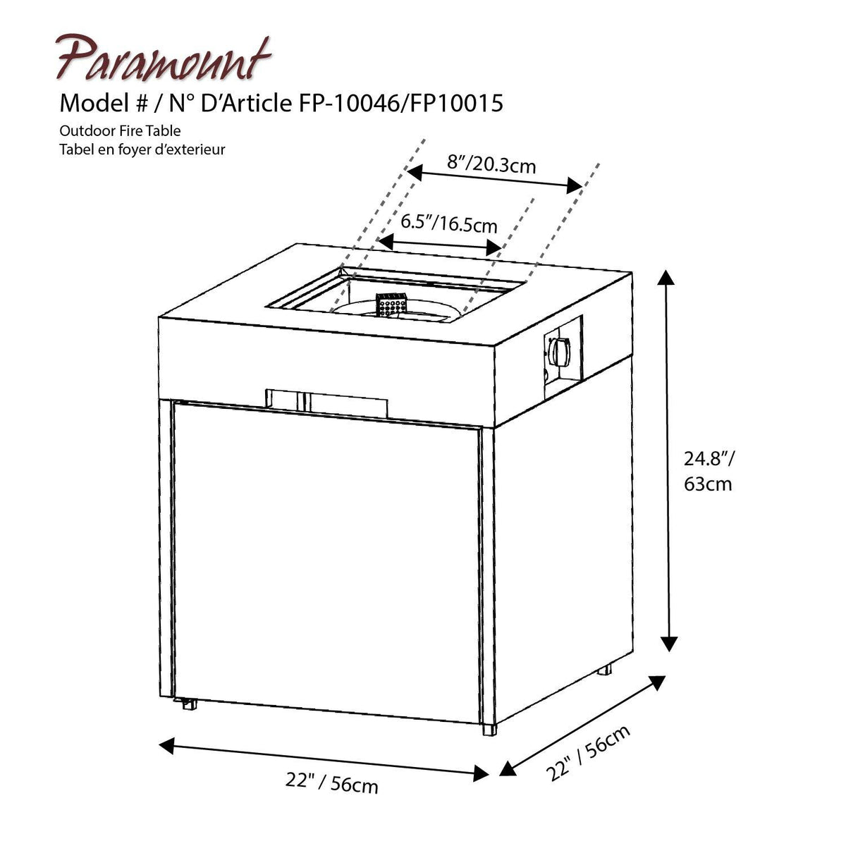 Paramount Pacific Small Space Propane Firepit - Dimension Diagram