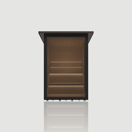 Hekla Cabin outdoor sauna in black WPC with full glass front, front view