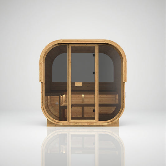 Hekla Cube 160 outdoor sauna in Scandi thermo-spruce, front view with half-panoramic window