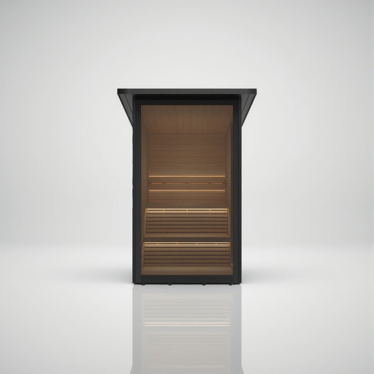 Hekla Mini Cabin outdoor sauna in black WPC with full glass front, front view