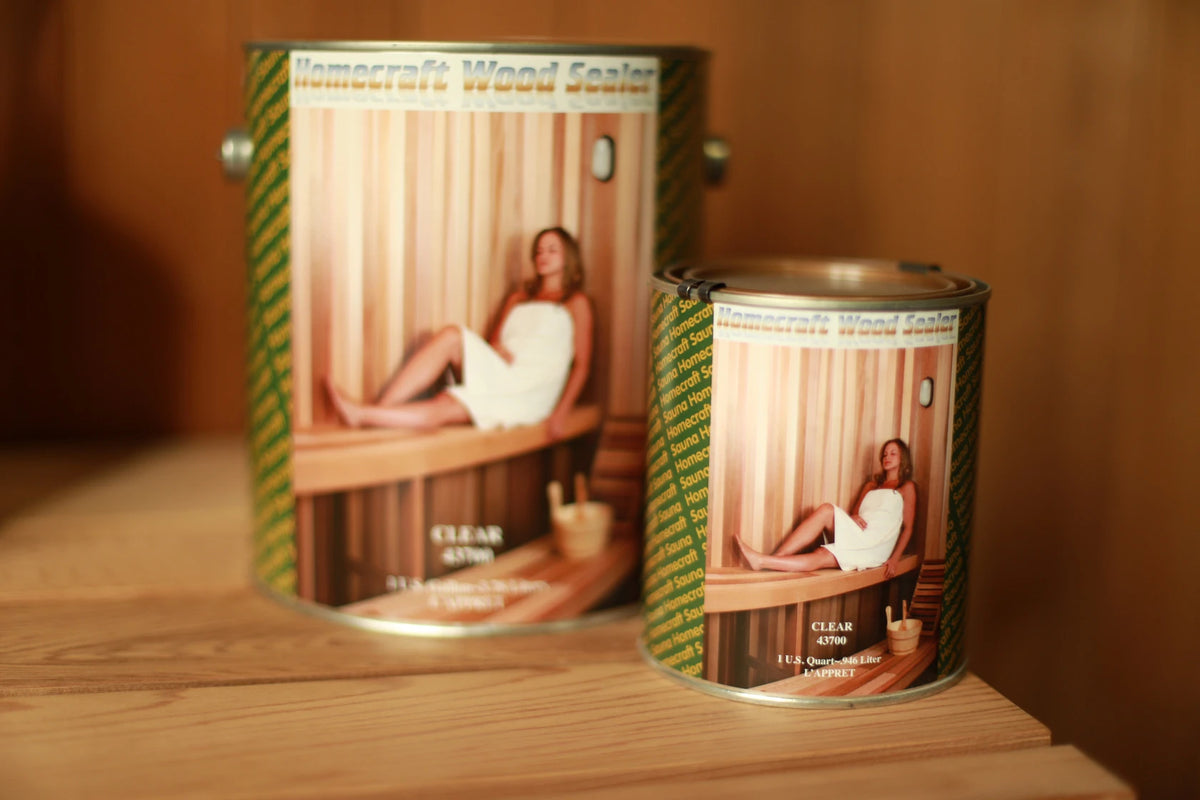 Homecraft sauna sealant tins on a cedar shelf