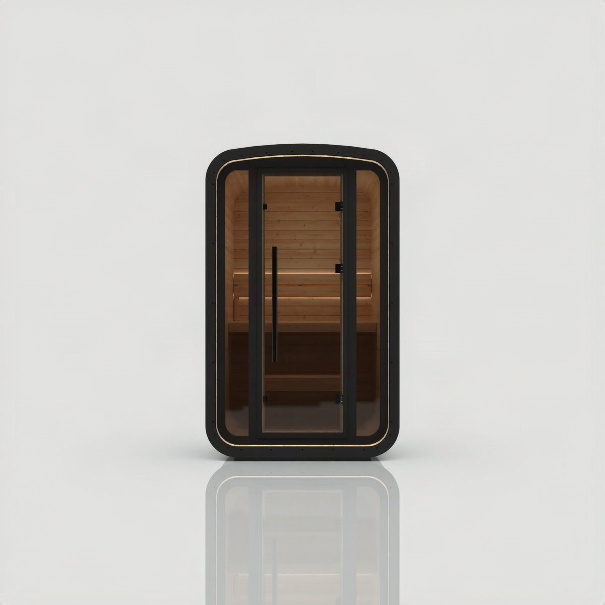 Hekla Mini Cube Nero outdoor sauna, front view with black frame, glass door and pale thermo aspen bench