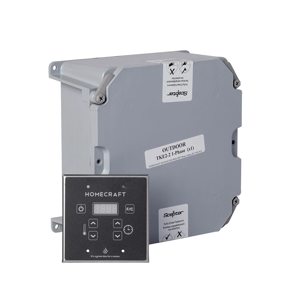 TKE2-2 outdoor contactor box beside a sauna touchpad