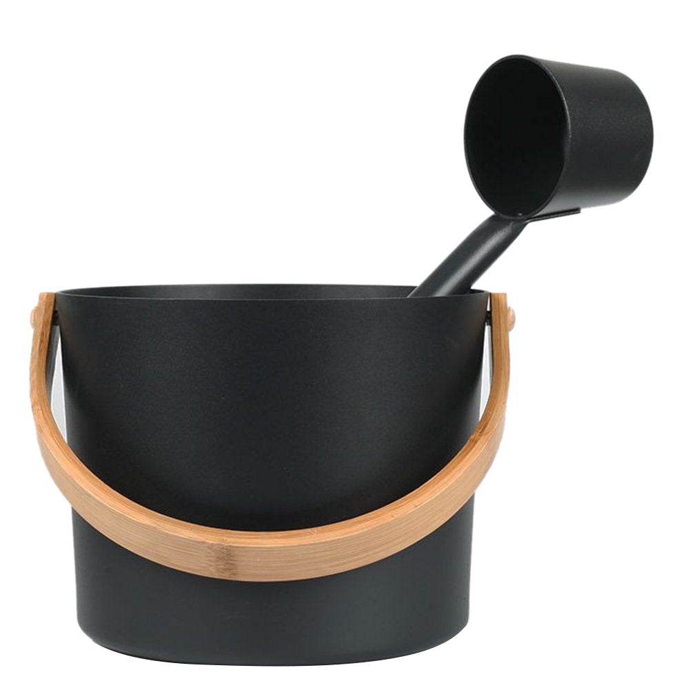 Matte black sauna bucket with wooden band and handle